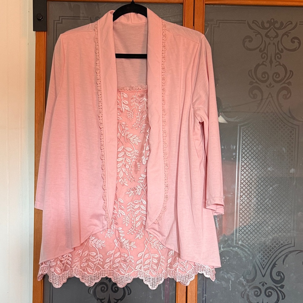 Pink Lace Trim Blouse Set